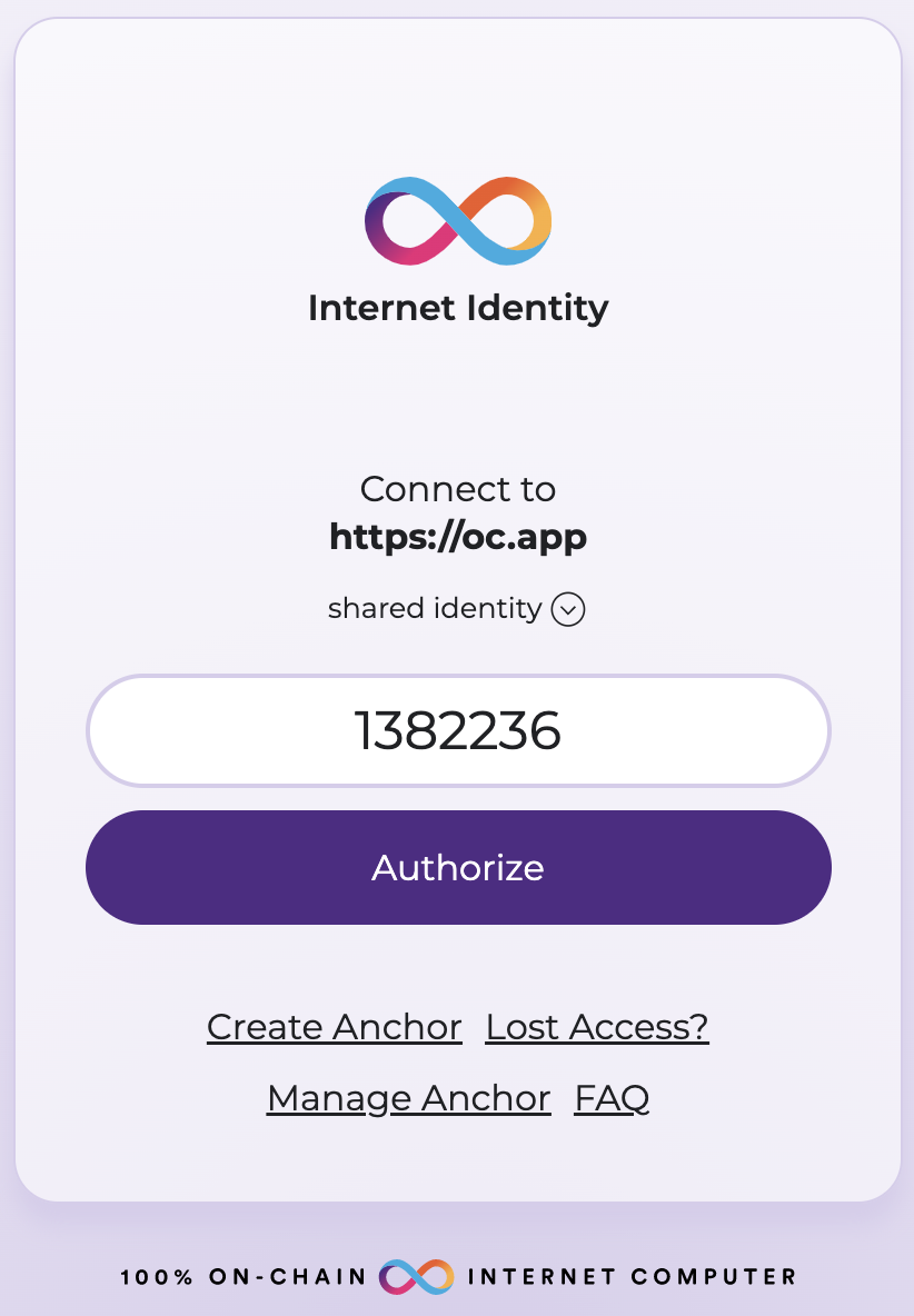 Internet Identity screen prompting the user to authorize access to Openchat